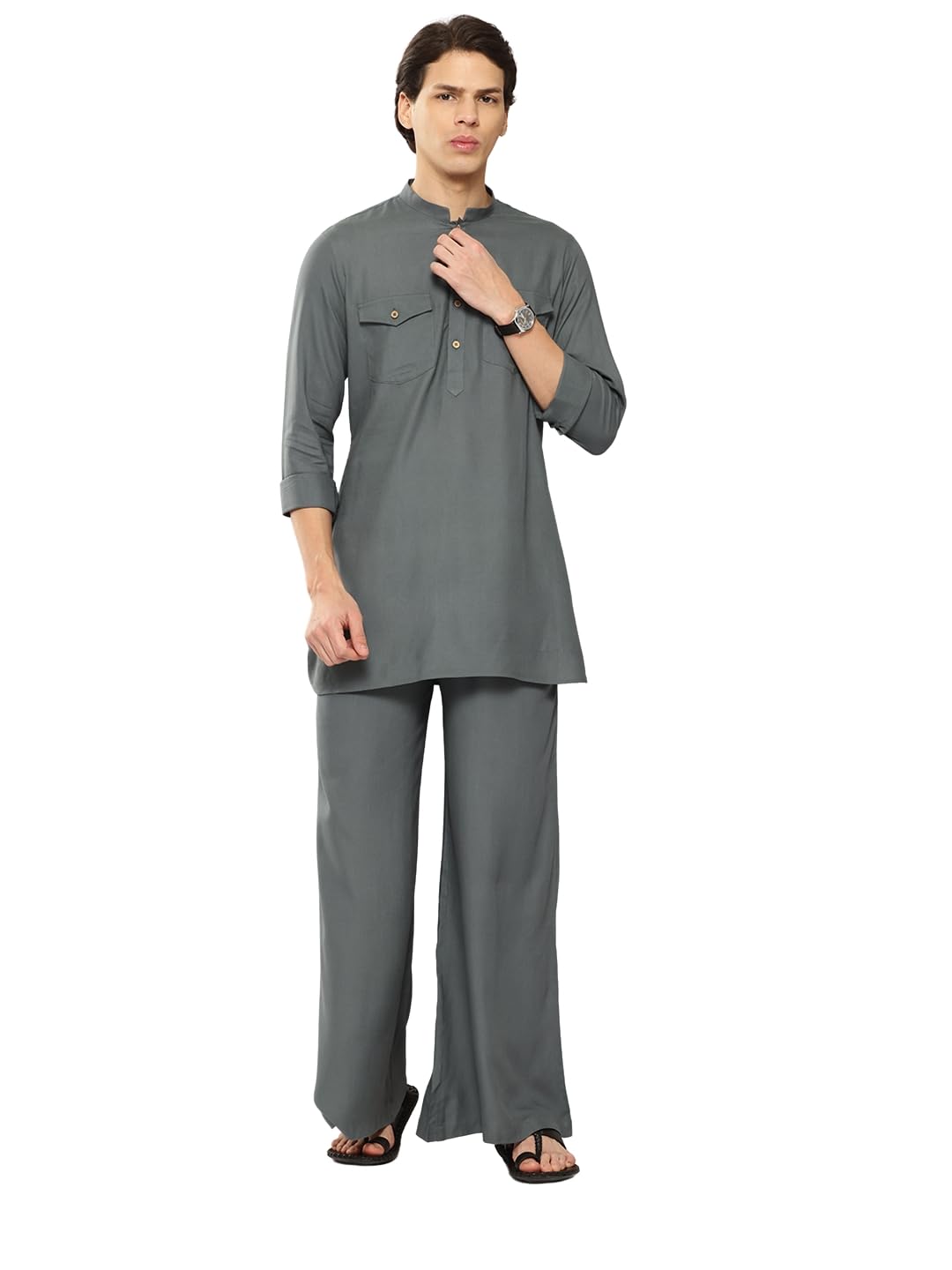 Men's Long Sleeve Curved Hem Mandarin Collar Rayon Solid Pathani Sets