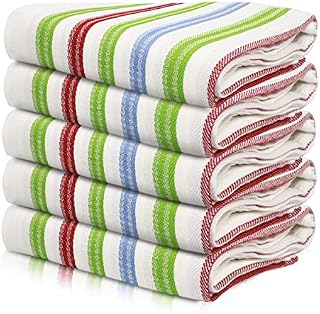 HomeKnit 100% Cotton Tea Towels for Kitchen Machine Washable Dish Towels Lint-Free Stripes - Green - Red