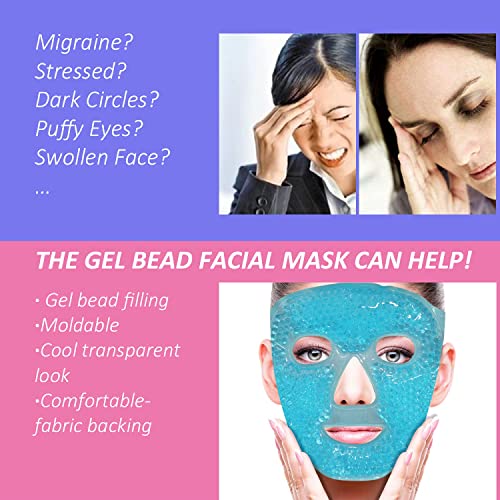 Image of JUDEE Reusable Gel Beads Face Mask - Hot & Cold Therapy Pillow for Face and Eyes - Soft, Adjustable, and Comfortable Relaxation Mask (Blue)