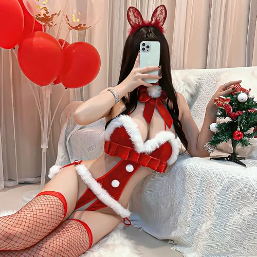 [YUEEI] クリスマス セクシー コスプレ 胸あき 穴あき サンタ バニーガール 兎 ウサギ 過激 えっち レオタード 仮装 可愛い 誘惑 レディース プレゼント 蝶結ぶ ワンサイズ 網タイツ カチューシャ - 画像3