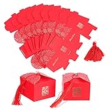 NUOBESTY 60pcs Chinese Wedding Favor Boxes Xi Paper Candy Gift Boxes with Tassel Take Out Boxes for Baby Shower Wedding Birthday Party (Red)