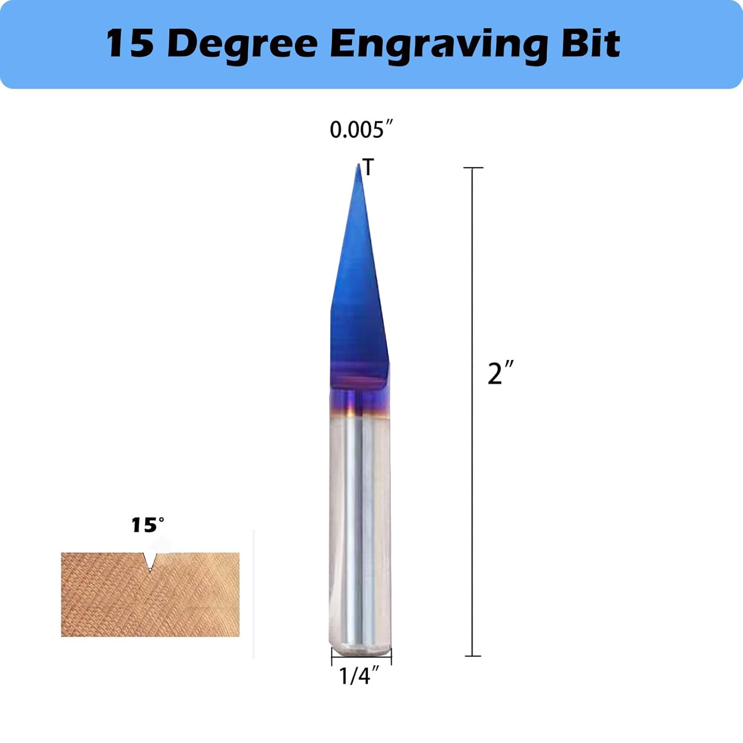 VIC012 Punte per fresatrice CNC, punte da incisione a 30 gradi, punta 0,005 con gambo da 1/4, rivestimento nano blu, in carburo solido, punta per scanalatura a V, per intaglio di segnaletica (15 gradi