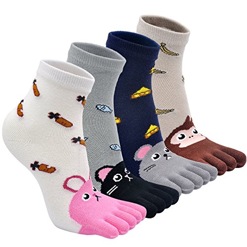 Calcetines de Algodón Cortos para Niñas Calcetines de Deportes con Cinco Dedos,Calcetines De Dibujos De Animales,3-12 años,4 Pares,prevenir Hallux valgus