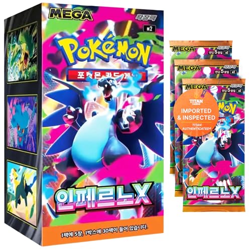 Pokemon TCG Mega Inferno X.M2 - Caja de refuerzo de llamas fantasmas coreanas | Cartas Pokémon coreanas | Serie Mega Evolution | 30 paquetes de refuerzo (5 tarjetas por paquete) | Titán autenticado