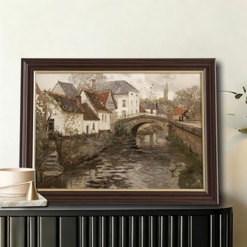 Image of Vintage Framed Canal Town Landscape Canvas Wall Art, Antique European Village Bridge Painting, Rustic Neutral Tone Wall Decor for Living Room Bedroom Home Aesthetic