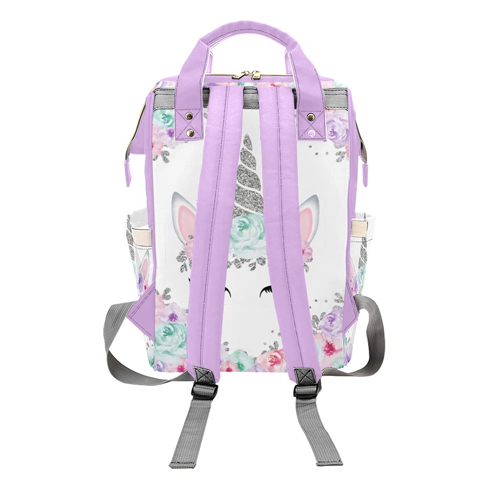 Unicorn Floral Silver Personalized Diaper Bag Backpack Tote with Name,Custom Travel Nappy Mommy Bag Backpack for Baby Girl Boy Gift,10.83x6.69x15inch
