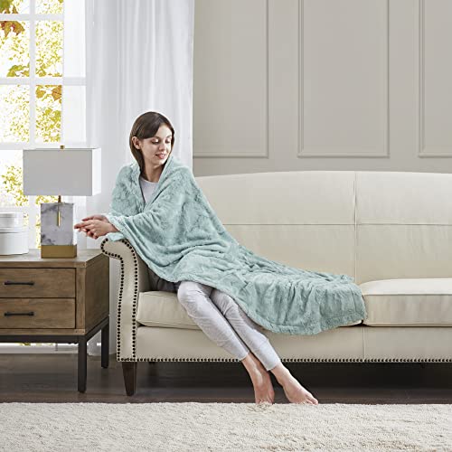 Madison Park Zuri Soft Plush Luxury Oversized Faux Fur Throw Animal Stripes Design, Faux Mink On The Reverse, Modern Cold Weather Blanket For Bed, Sofa Couch, 60X70, Aqua #TOP3