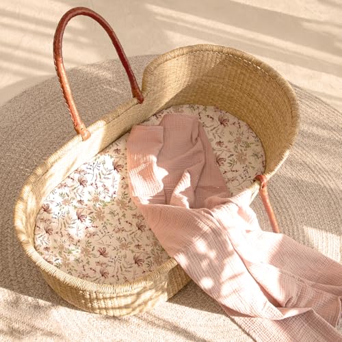 Image of lulumoon Baby Bassinet Sheets Muslin: Soft Fitted Bassinet Sheets Floral for Girls - Fit for Oval Rectangle or Hourglass Mattress