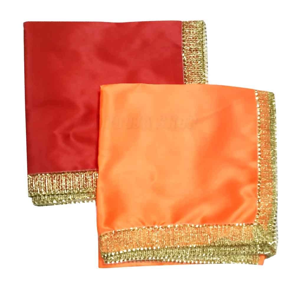 Om Pooja Shop Red & Orange Color (Size 40 x 40 inch) Satin Altar Cloth Puja Aasan Cloth for God Chowki Puja Asan Kapda Satin Altar Cloth mat for mandir, Temple and Pooja Decoration Set of 2 pcs-image-3