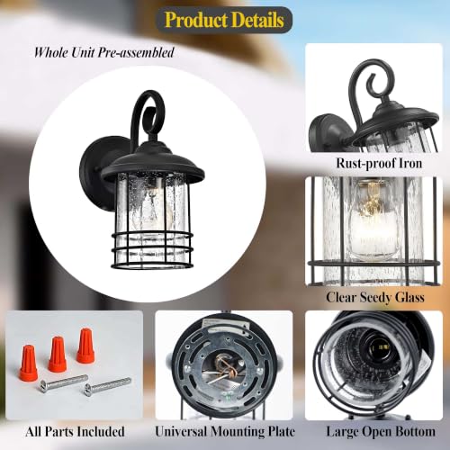 Image of MICSIU Narrow 5.5 inch Wide Black Single Porch Light, 9.8 inch H Modern Farmhouse | Seedy Glass Outside Fixture, Vintage Round Outdoor Wall Sconce For Small Sidelight, Front Door, Garage
