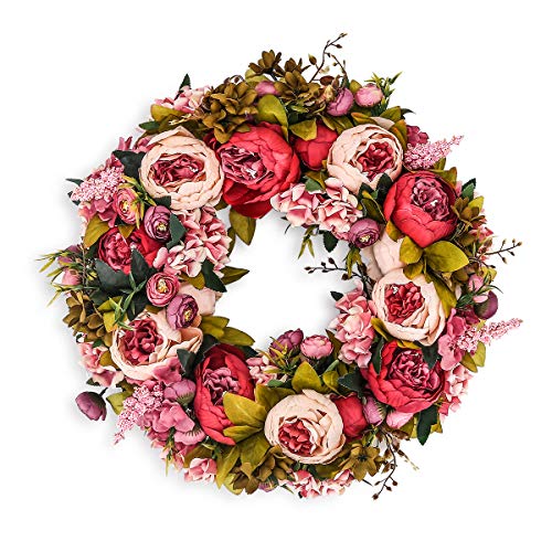 BOMAROLAN Artificial Peony Flower Wreath 19Inch Vintage Blooming ...