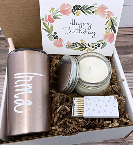 Personalized Happy Birthday Gift Box with Custom 12 oz Tumbler and Card Candle and Matches
