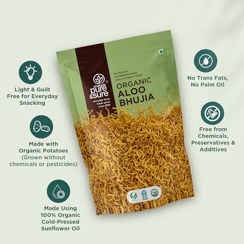 Image of Pure & Sure Organic Aloo Bhujia Namkeen 120gm| Ready to Eat Snacks | Crispy & Light | No Artificial Flavors & Colors