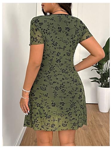SHENHE Women's Plus Size Y2k Floral Mesh Mini Dress Deep V Short Sleeve Fit and Flare Sundress2