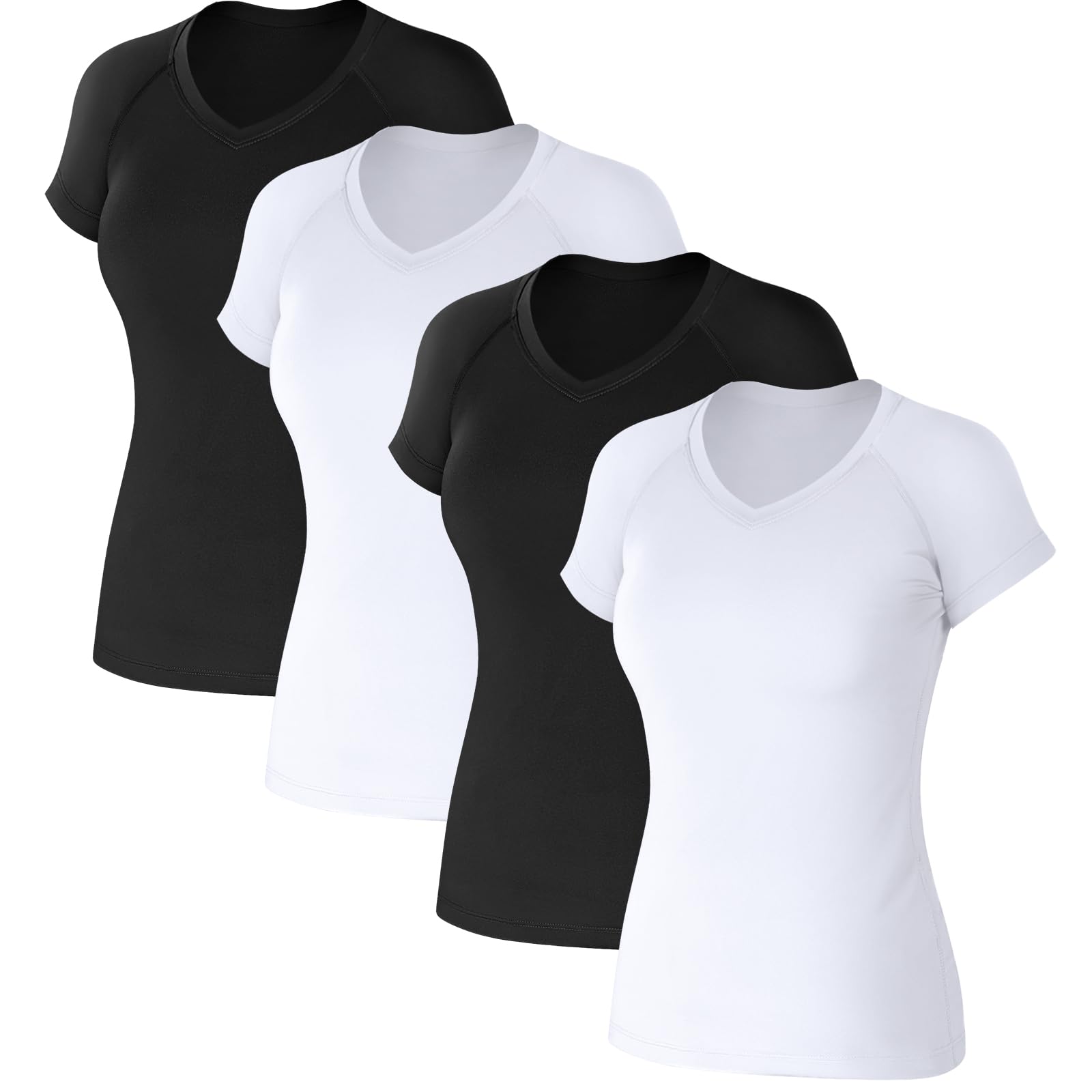 Coume 4 Pack Women's Compression Shirts Dry Athletic T Shirts Short Sleeve V Neck Fit Workout Tops Tight Running Yoga Tee