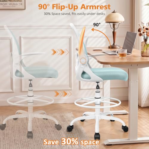 Image of Drafting Chair Tall Office Chair with Flip-up Armrests, Adjustable Height, and Enhanced Lumbar Support - Ergonomic Rolling Stool, Back Support, and Adjustable Foot Rest Ring Light Blue