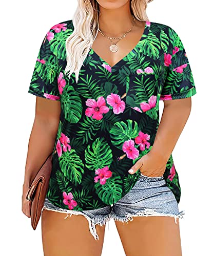TIYOMI Plus Size Tops for Women Short Sleeve Shirts V Neck T Shirts Casual Blouse Tie Dye/Floral/Soild Color Soft Tops XL-5XL