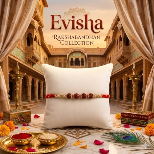 Image of Elegant Rudraksha Rakhi for Bhaiya with Roli Chawal, Traditional Spiritual Rudrakasha Beads Red and Yellow Thread Raksha Bandhan Rakhi Gift for Brother