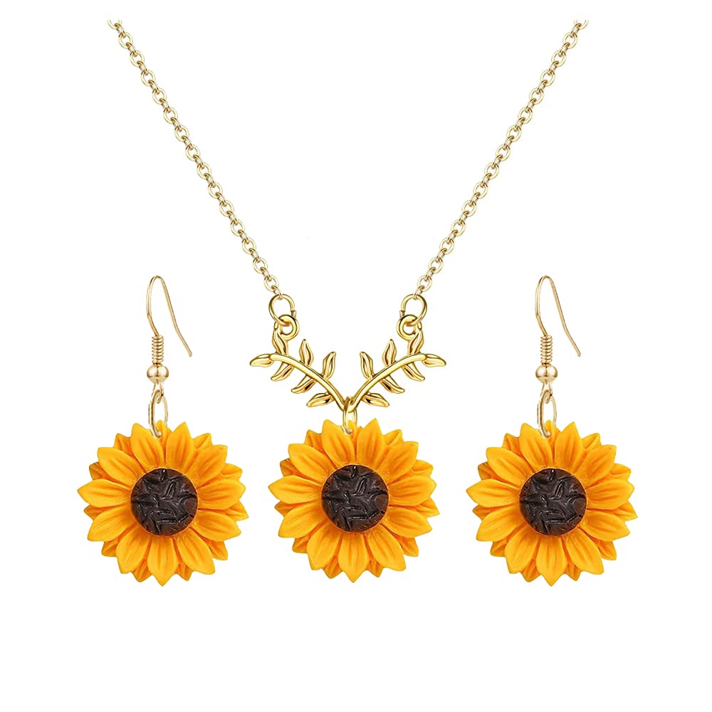 RUIZHEN Resin Sunflower Earrings Necklace Set for Women Cute Sun Flower Earrings