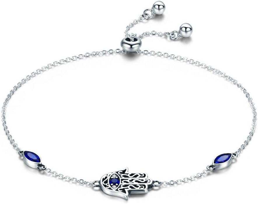 NewL925 Sterling Silver Lucky Hamsa Fatima Hand Chain Link Bracelets for Women Blue CZ Silver Jewelry