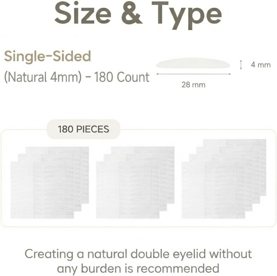 Korean Double Eyelid Tape Bulge Lift - Eyelid Tape Face Tape Lifting Invisible - Drooping Eyelid Lifter Eyelid Strip for Bulge - Transparent Anti-Aging Effect (One Side 4mm 180pcs)