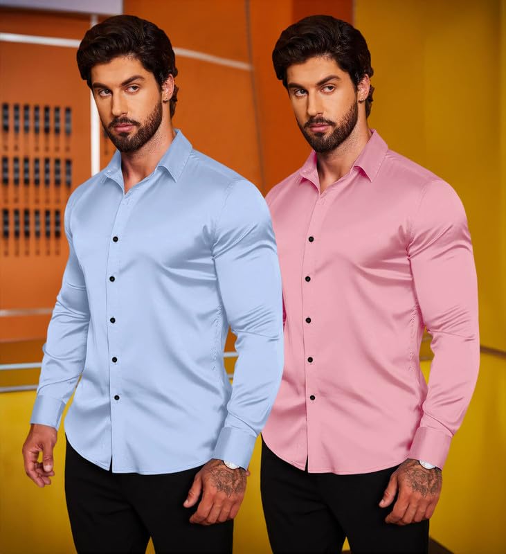 Image of Combo of Men's Premium Satin Cotton Shirt with Full Sleeves & Spread Collar | Smooth Finish | Slim Fit | Stylish Button Down Shirt for Evening, Casual Pack of 2