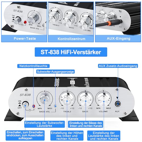 Amplificador de audio HiFi, amplificador estéreo de 2,1 canales, RMS 20 W x 2 + 40 W ST-838 con salida de subwoofer clase D, mini amplificador digital, receptor con AUX para el hogar, altavoz de - imagen 5