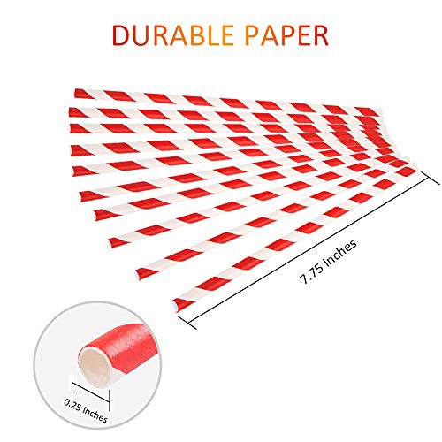 image for Webake Paper Straws Biodegradable Bulk 144 Red Striped Drinking Straws