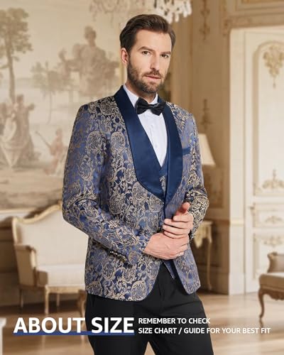 Hihawk Mens 3 Piece Floral Tuxedo, Jacquard Slim Suit Set, Paisley Blazer Vest and Pants with Bow Tie for Prom Wedding2