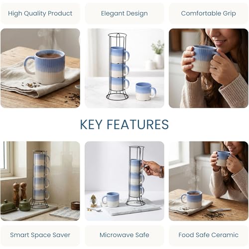 Image of The Earth Store Sky Blue Fringe Premium Ceramic Cup Set of 4 for Tea, 200 ML | Microwave and Dishwasher Safe Space Saver Tea Cup with Stand | Coffee Cups for Gifting, Home & Office Use, Every Occasion