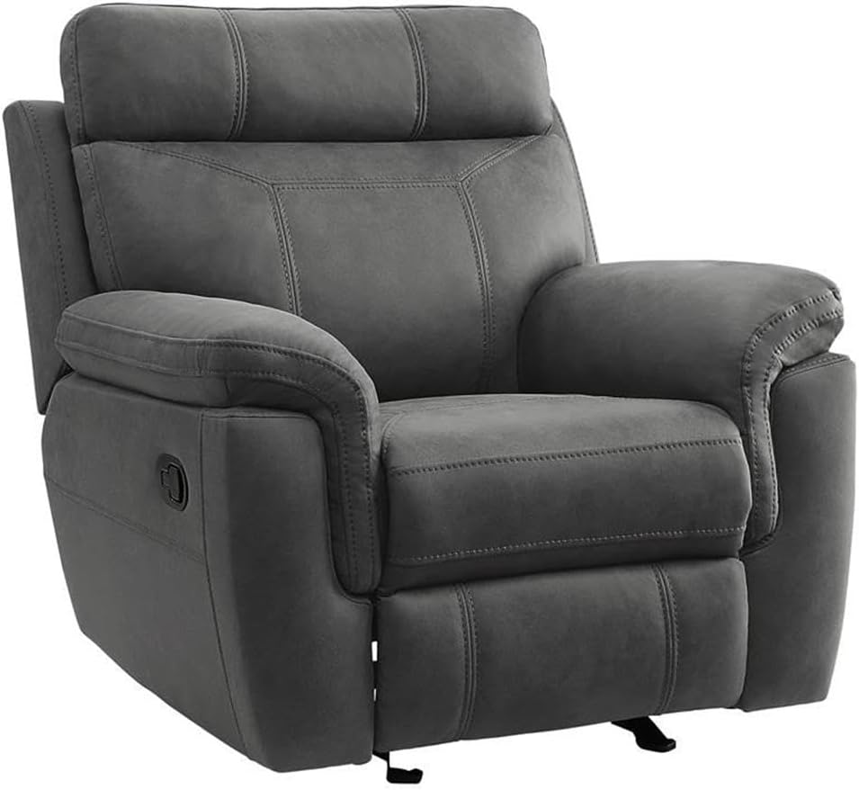 Pemberly Row Modern Microfiber Reclining Glider Chair, Gray Finish, Wood and Metal Frame, 40"H x 40"W x 38"D, High-Density Foam Padding, Manual Pull Recline, Gentle Gliding Motion for Living Room Use