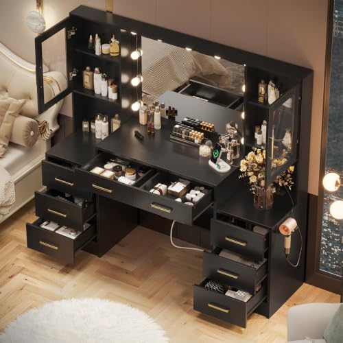 Image of Makeup Vanity Desk with Mirror and Lights, 58.3 inch Makeup Vanity with Lights & Charging Station, Black Dressing Table Vanity Set Vanity Table with 8 Drawers & 2 Cabinets, with Installation tools