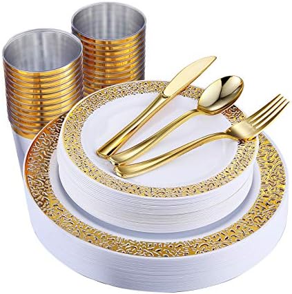 150 Piece Gold Dinnerware Set, Elegant Lace Disposable Plastic Plate Include:25 Dinner Plates, 25 Dessert Plates, 25 Forks, 25 Knives, 25 Spoons, 25 Cup, Ideal for Halloween, Thanksgiving, Christmas