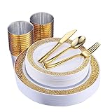 150 Piece Gold Dinnerware Set, Elegant Lace Disposable Plastic Plate Include:25 Dinner Plates, 25 Dessert Plates, 25 Forks, 25 Knives, 25 Spoons, 25 Cup, Ideal for Halloween, Thanksgiving, Christmas