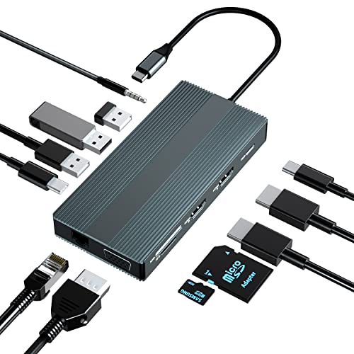 Station d'accueil USB C,concentrateur d'ordinateur Portable 12 en 1 Triple écran de Type C vers Double HDMI 4K, VGA, PD 100 W, USB 3.0+USB C 3.0+USB 2.0, Ethernet 1000 M, Carte SD/TF, Audio 3,5 mm…