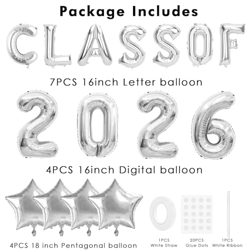 Image of Graduation Balloons, Class of 2026 Balloons, 16 Inch Silver Grad Class of 2026 Letters Foil Balloon with Star Balloons, Class of 2026 Decorations for High School College Graduation Party Decorations
