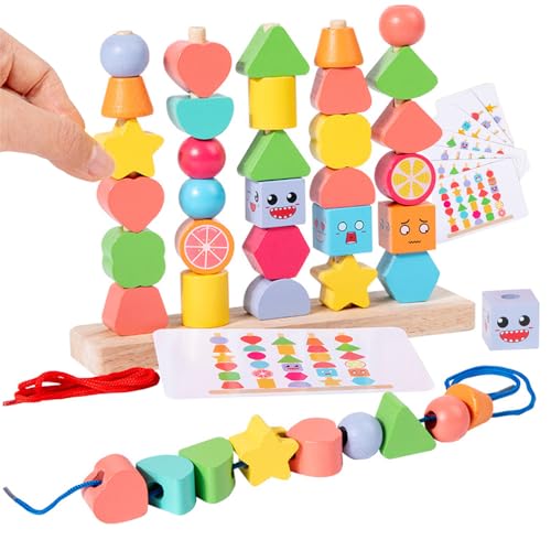 Goujfol Leksaker Barn Trä, 2 i 1 Montessori Spel Stapling och trägängning, pedagogiska Geometriska Färger Sortera block, Gåva till spädbarn Barn 2 3 4 5 år (Typ-2)