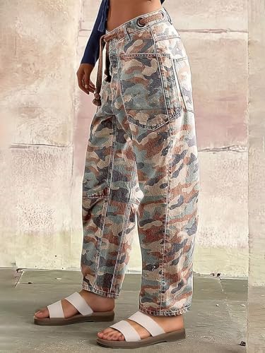 Flamingals Wide Leg Mid Waist Causal Baggy Barrel Jeans for Women Drawstring Eyelet Waist Denim Pants3