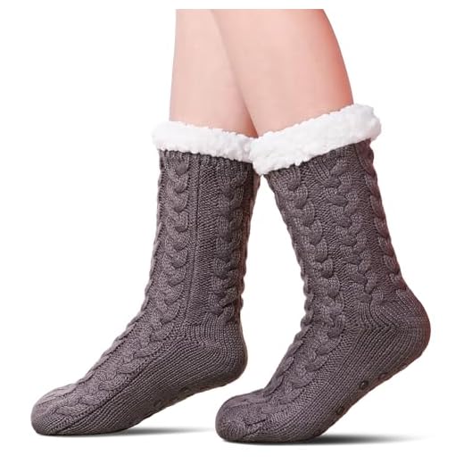 SDBING Women's Winter Super Soft Warm Cozy Fuzzy Fleece-Lined with Grippers Slipper Socks (Dark Gray)