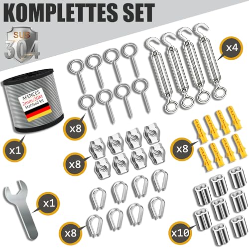 30m Edelstahlseil 2mm Ummantelt + M5 Spannsystem mit Ösenhaken | Wetterfestes Drahtseil für Pflanzenranken, Deko & Wäschetrocknung (2mm 30m Edelstahlseil)