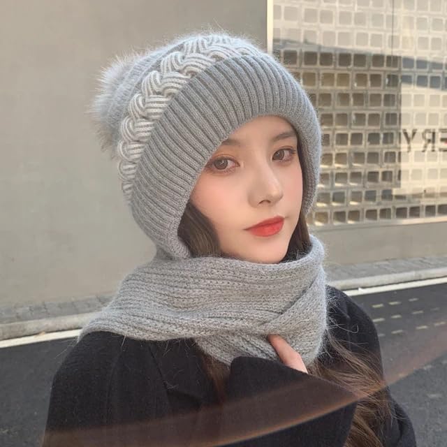 Richmen Women's Knitted Hat Winter Plush Velvet Warm Woolen Cap Neck Scarf | Twist Color Fuzzy Slouchy Beanie Monkey Cap with Muffler For Ski Hiking Outdoor Girls & Ladies (Grey) 2