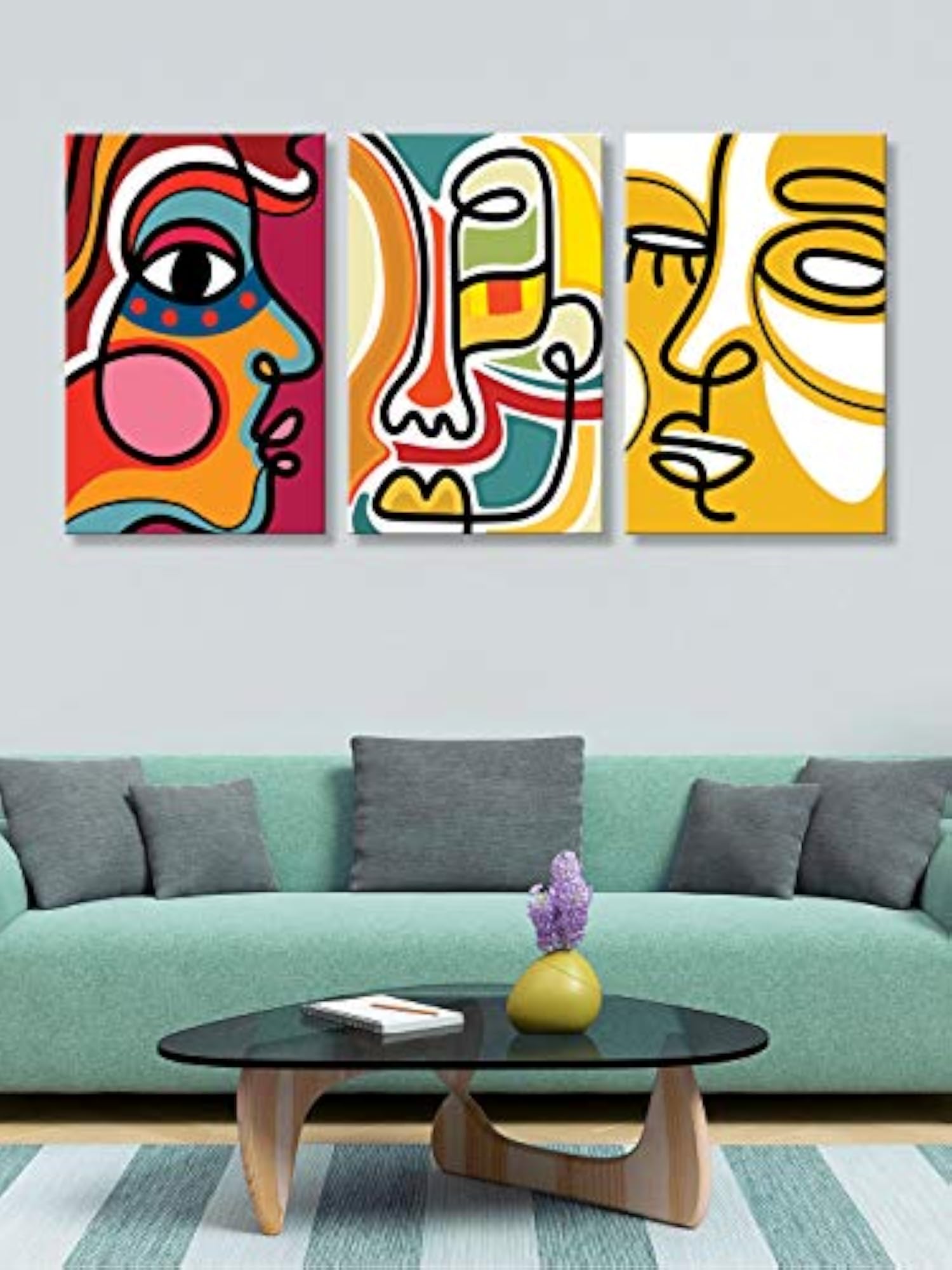 Wooden Abstract Face Wall Art Paintings, Set of 3