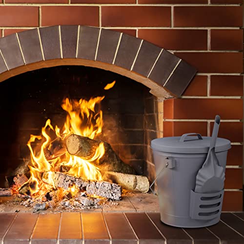 Foto von Relaxdays Ascheeimer mit Deckel & Schaufel, Stahl, Holzgriff, 19 Liter, Kaminzubehör, Aschekübel mit Henkel, grau