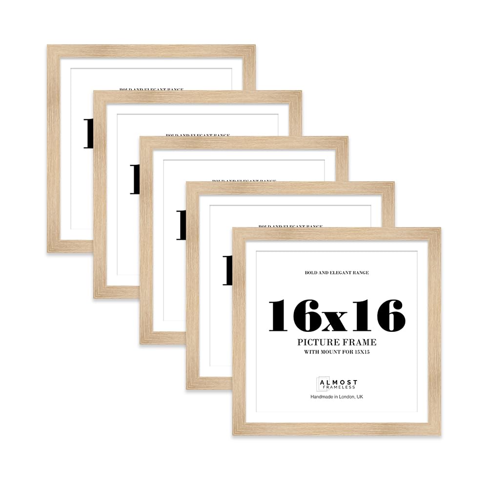 16x16" Oak Square Frame With Mount for 15x15" Pictures 28mm Edge Frame Display with Wall Hooks, 5 Pack