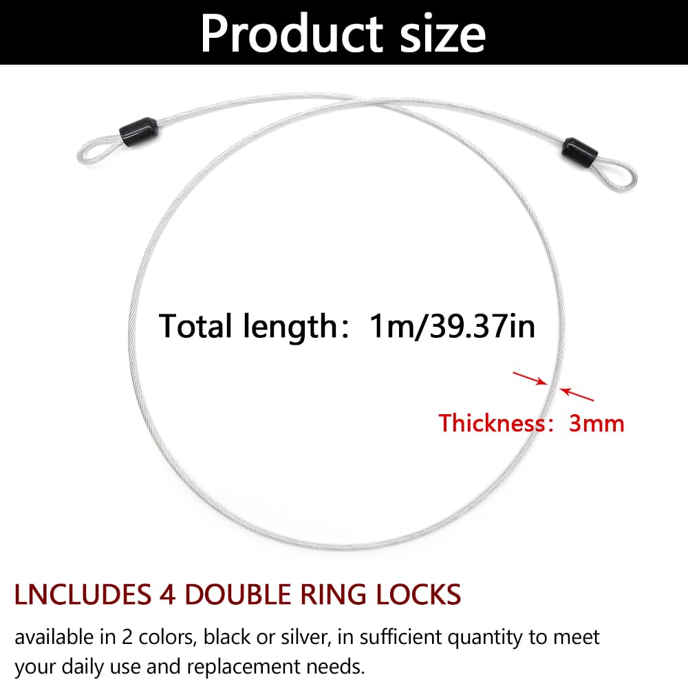 4 piezas Cable de seguridad de acero 1m,Cable Antivol,Cables de bloqueo con revestimiento de PVC,Trenzado con hebilla Cable para equipaje al aire libre Viajes Familia (Negro,Plata)