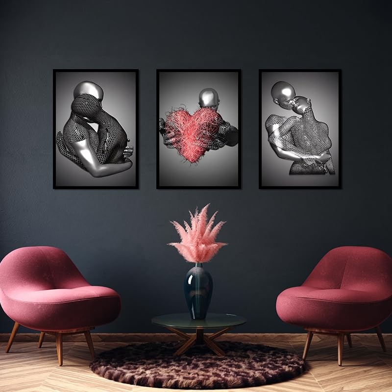 WADBTP Modern Art Metal Figure Canvas Painting Poster, Metal 3D Sculpture Effect, Romantic Lovers Hug Home Poster Set