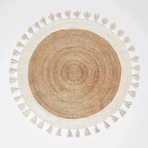 Image of Rounds Jute Carpet - Handwoven Natural Fiber Rug for Living Room, Bedroom, Entryway | Boho Chic Eco-Friendly Area Rug | Rustic Designer Floor Mat:-(Jute White Tassle, 4x4 feet