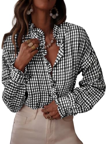 Astylish Women's Button Down Plaid Shirt Casual Tops 2025 Fall Flowy Long Sleeve Ruffle V Neck Blouses Black Medium