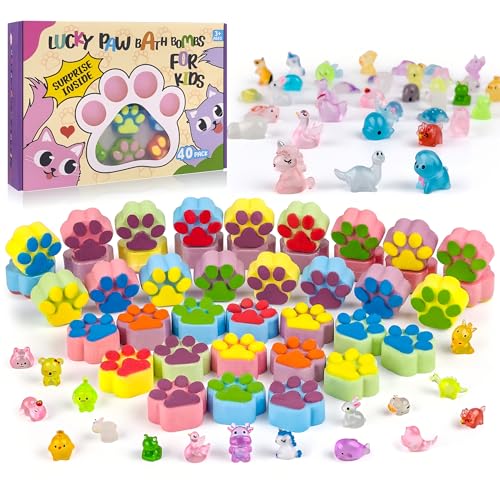 Bath Bombs for Kids with Surprise Inside, 40 Large Number Pack Paw Shape Bath Bombs Gift Set...