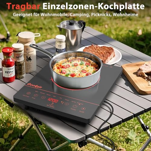 Glaskeramikkochfeld 1 Zone mit Stecker, Cooksir Kochfeld Tragbar 28CM, Einzeln 2000W, Infrarotheizung, 4 Stunden Timer, Sicherheitssperre, Touch-Bedienung, 10A-Steckerdose 220-240V
